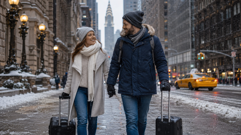 Blick über das winterliche New York mit Reisender vor der Skyline