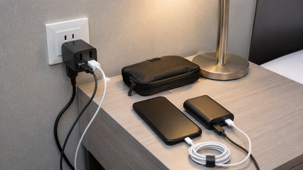 USA-Steckdose mit Adapter, Smartphone und Powerbank auf einem Nachttisch
