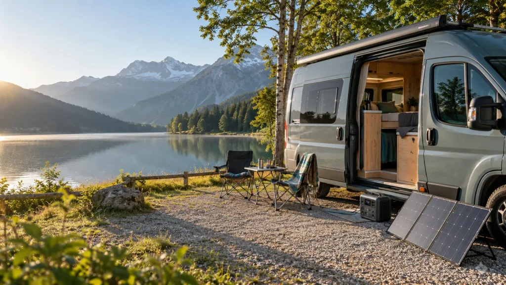 Campervan mit mobilem Solarpanel und Powerstation an einem Bergsee