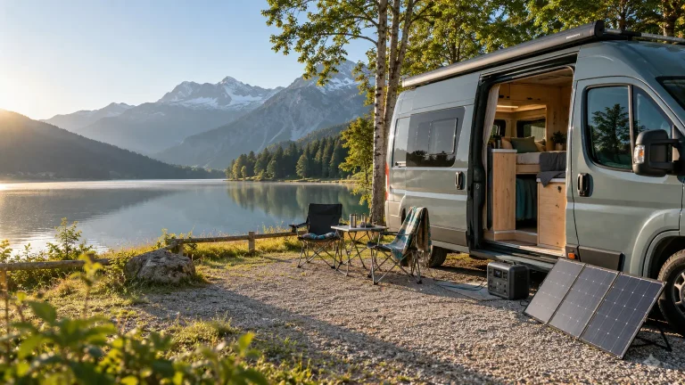 Campervan mit mobilem Solarpanel und Powerstation an einem Bergsee