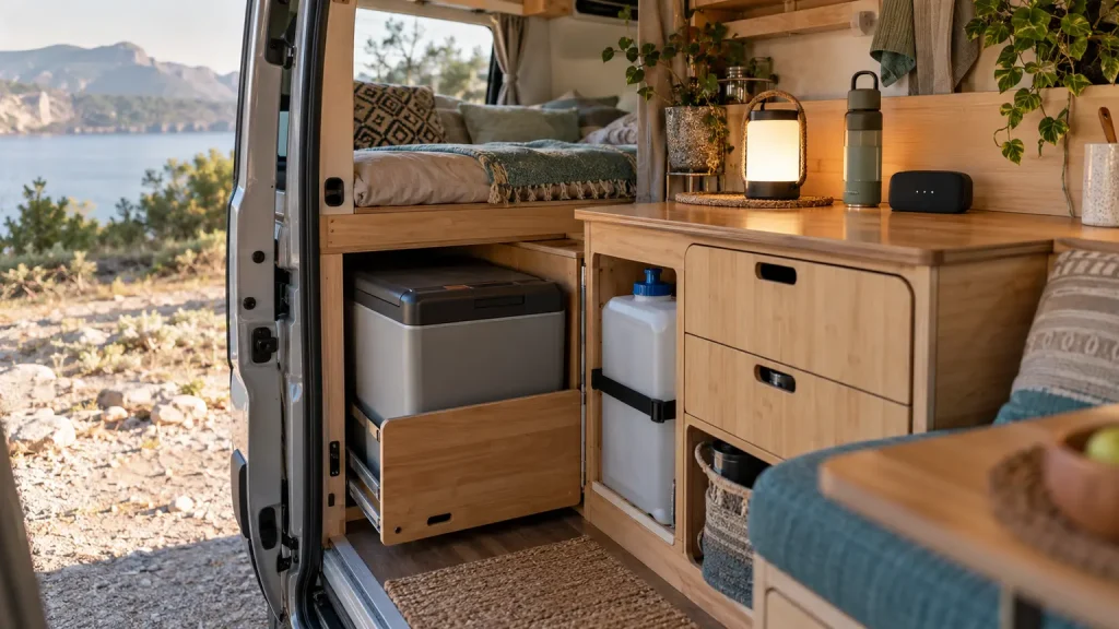 Organisierter Campervan mit Kühlbox, Wasserkanister, Laterne und mobilem Router