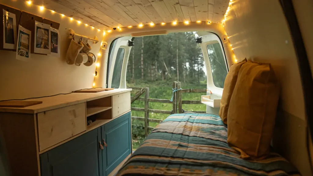 Heller Campervan-Innenraum mit Holzausbau, Bett und Blick ins Grüne