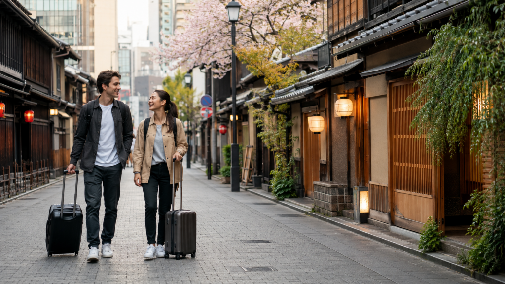 Reisendes Paar mit leichtem Gepäck in einer stimmungsvollen Straße zwischen traditionellem und modernem Japan