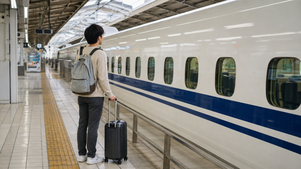 Reisender mit kompaktem Koffer und Tagesrucksack an einem Shinkansen-Bahnsteig in Japan