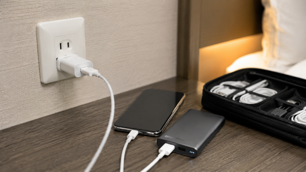 Japanische Typ-A-Steckdose mit Reiseadapter, Smartphone, Powerbank und geordneten Ladekabeln