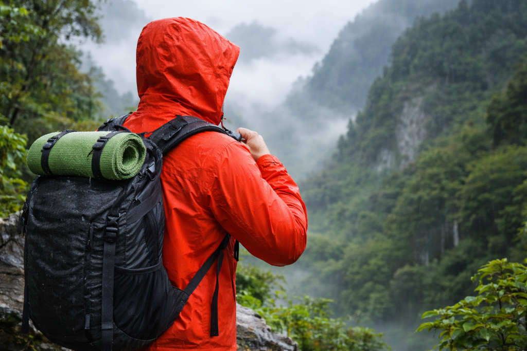 Hiker auf regnerischem Bergpfad