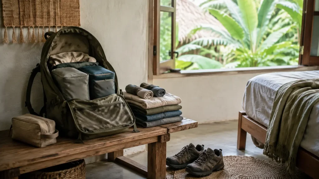 Geöffneter Reiserucksack mit Packwürfeln und gefalteter Kleidung in einem Gästezimmer