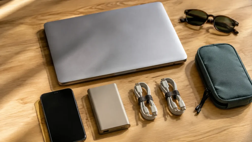 Laptop, Smartphone, Powerbank und Ladekabel auf einem Holztisch