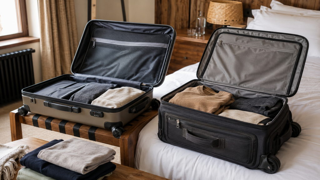 Geöffneter Hartschalenkoffer und Weichschalenkoffer beim Packen