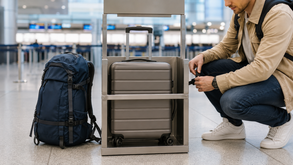 Kabinenkoffer und Handgepäck-Rucksack an einer Gepäckmessstation am Flughafen