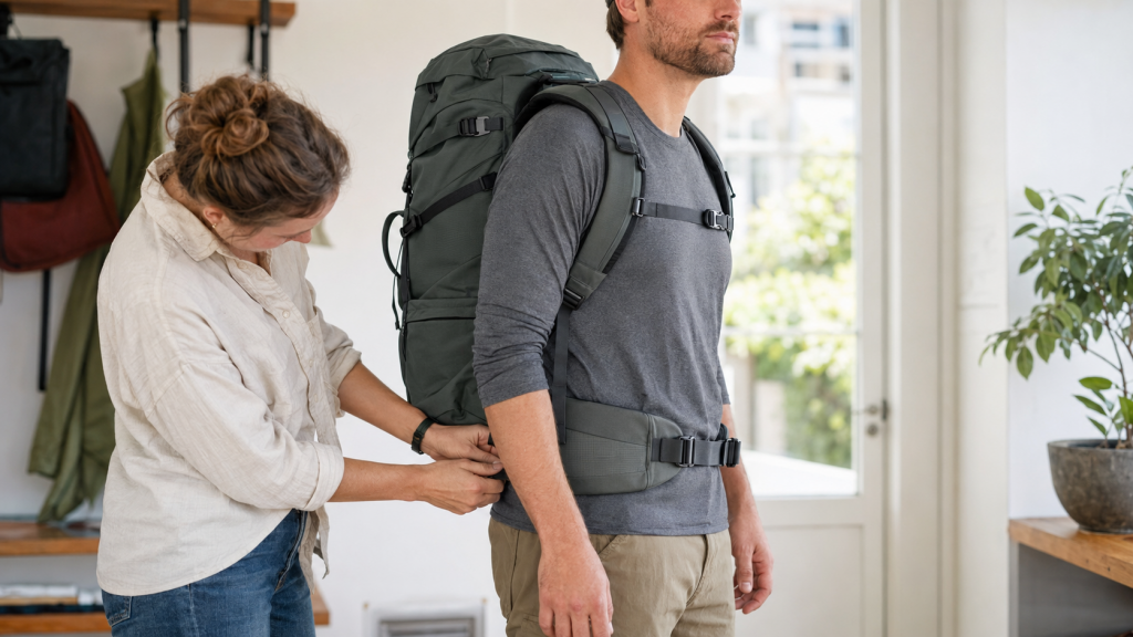 Backpacker probiert einen Reiserucksack mit eingestelltem Hüftgurt an