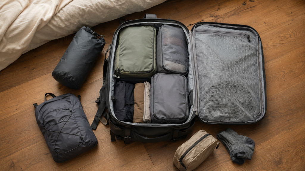 Geöffneter Reiserucksack mit Packwürfeln und praktischer Reiseausrüstung