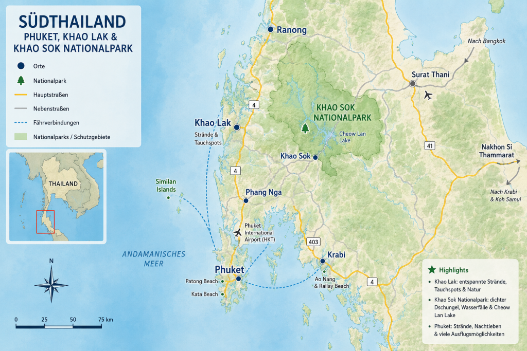 Karte mit der Lage von Khao Lak nördlich von Phuket in Südthailand.