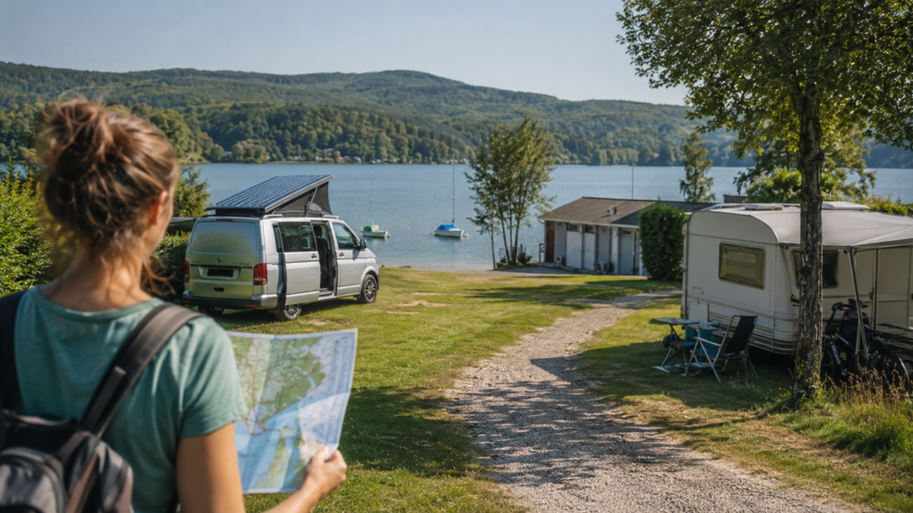 Camping-Anfängerin wählt einen Campingplatz an einem See als Reiseziel