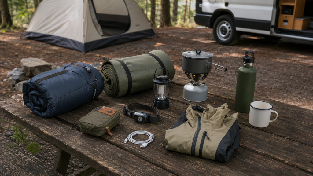 Grundausstattung für Camping-Anfänger mit Schlafsack, Isomatte, Kocher und Lampe