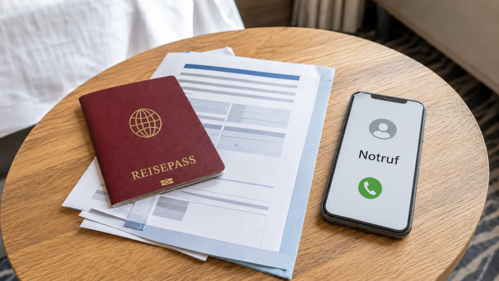 Reisepass, Versicherungsunterlagen und Smartphone mit Notrufnummer auf einem Hoteltisch