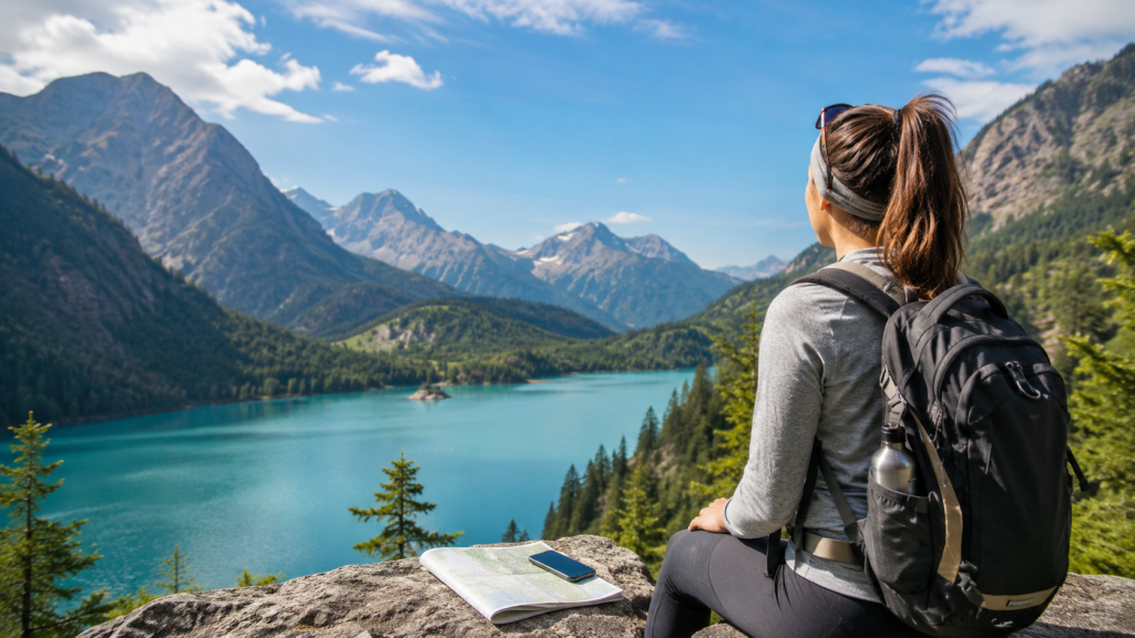 Reisende mit Rucksack und Karte an einem Aussichtspunkt über einem Bergsee