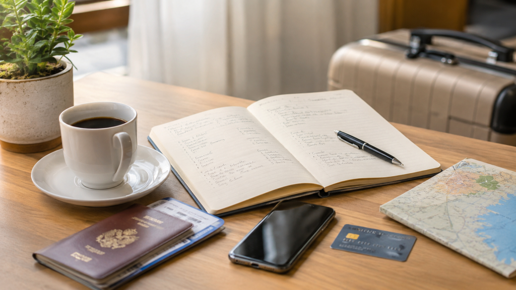 Unterlagen, Smartphone und Notizbuch für die Reiseplanung auf einem hellen Tisch