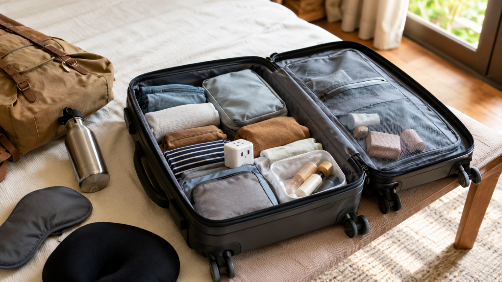 Offener Koffer mit ordentlich gepackter Kleidung und Reisezubehör auf einem Bett