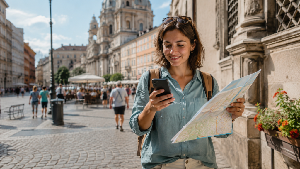 Reisende mit Stadtplan und Smartphone in einer historischen Altstadt