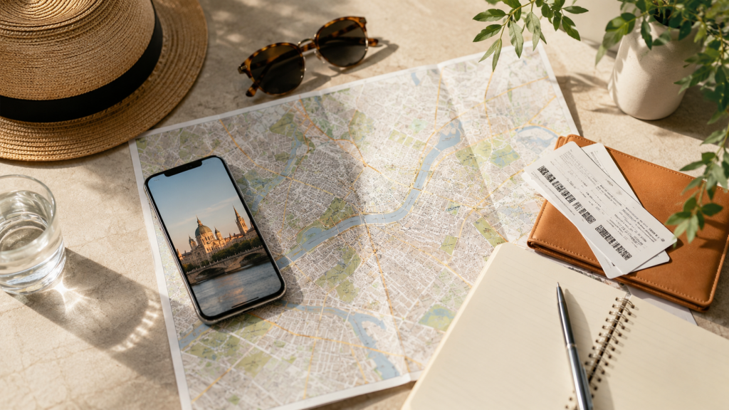 Stadtplan, Smartphone und Eintrittstickets auf einem hellen Tisch zur Planung einer Städtereise