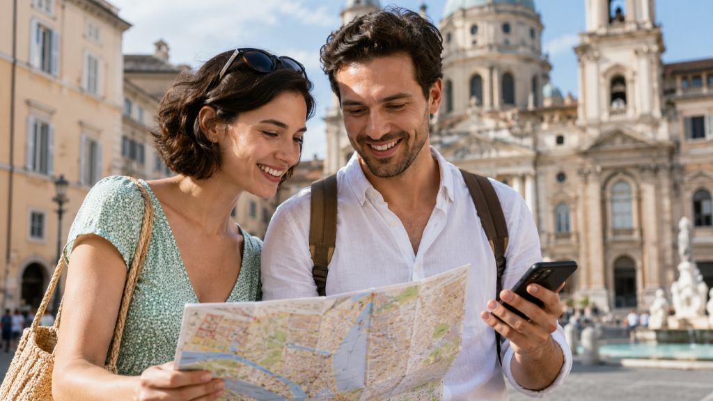 Reisendes Paar plant mit Stadtplan und Smartphone seine Sehenswürdigkeiten bei einer Städtereise