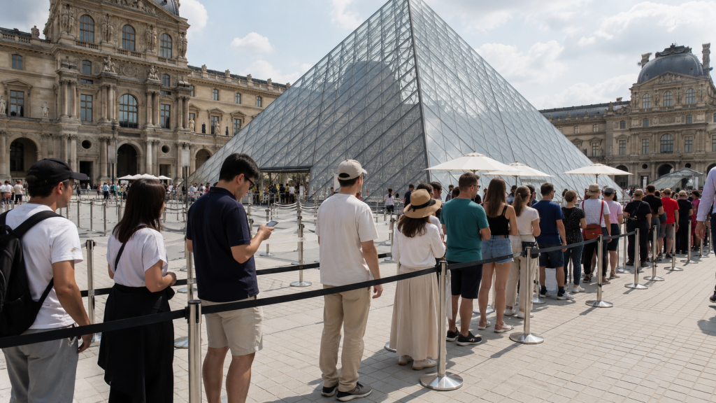 Besucher in einer Warteschlange vor der Louvre-Pyramide in Paris