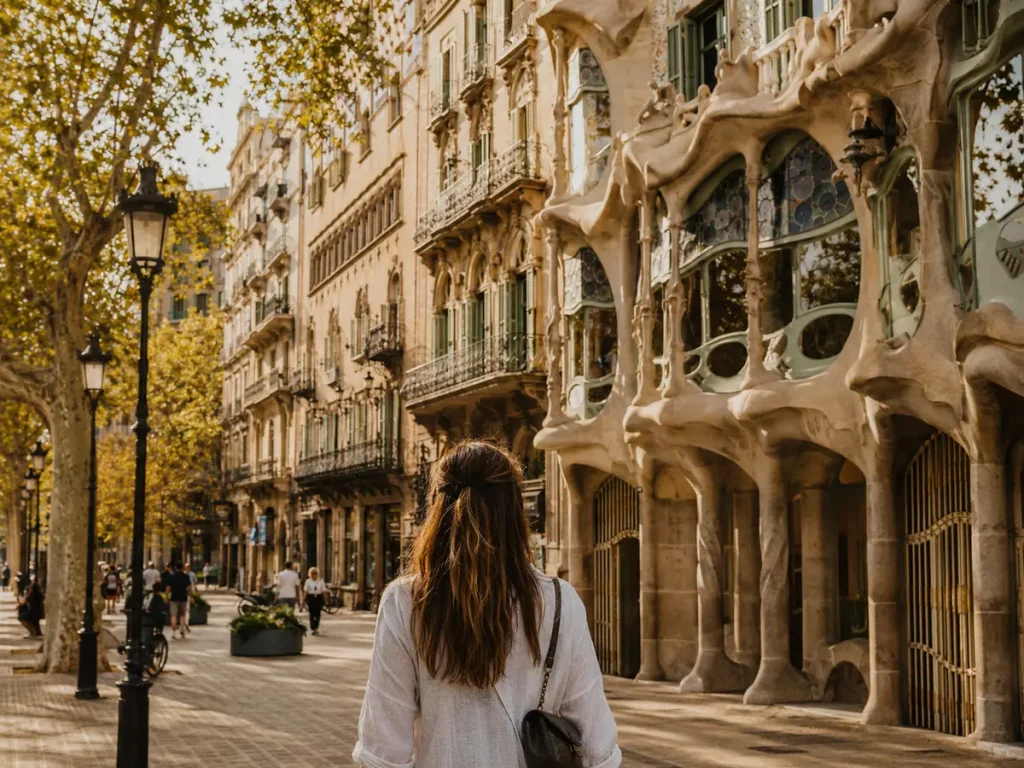 Reisende vor modernistischer Architektur in Barcelona