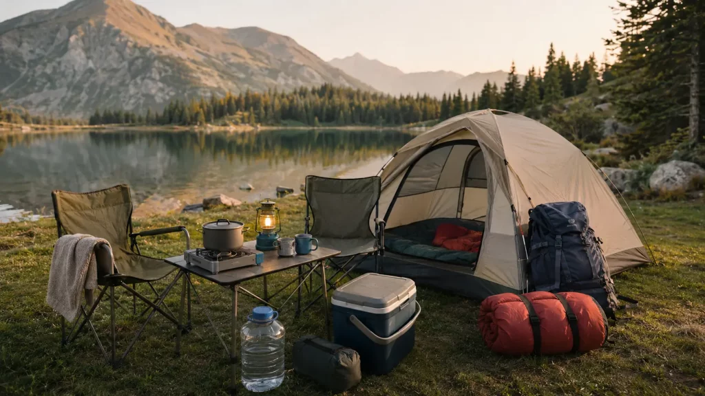 Zelt und praktische Campingausrüstung an einem Bergsee