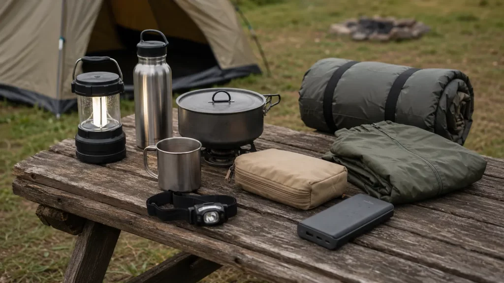 Grundausstattung mit Schlafsack, Lampe, Kochtopf und Powerbank auf einem Campingtisch