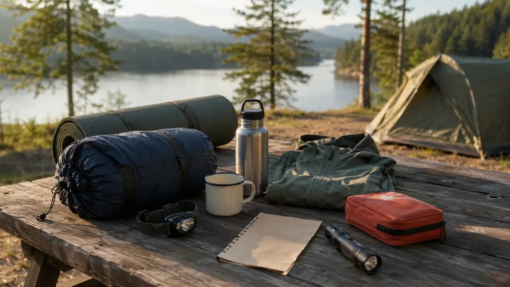 Campingausrüstung und Packliste auf einem Holztisch am Bergsee