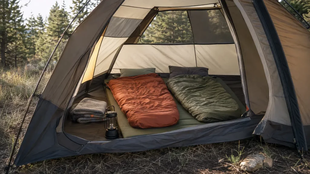 Zwei Schlafsäcke auf isolierenden Matten in einem Campingzelt