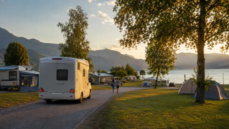 Wohnmobil kommt auf einem Campingplatz am See an