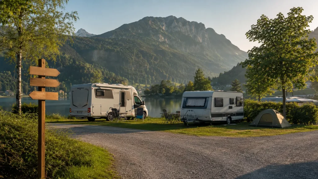 Wohnmobil, Wohnwagen und Zelt auf einem Campingplatz am Bergsee