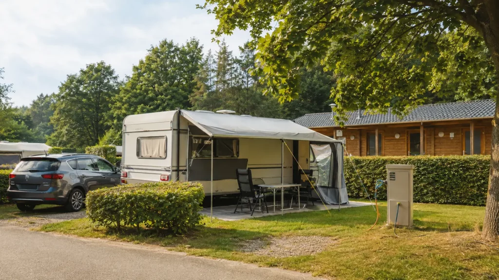 Wohnwagen mit Vorzelt, Auto und Stromanschluss auf einem Campingplatz