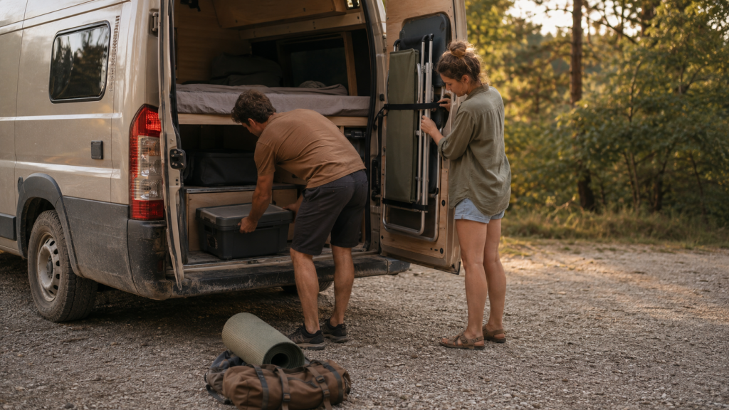 Paar verstaut Campingausrüstung ordentlich im Wohnmobil