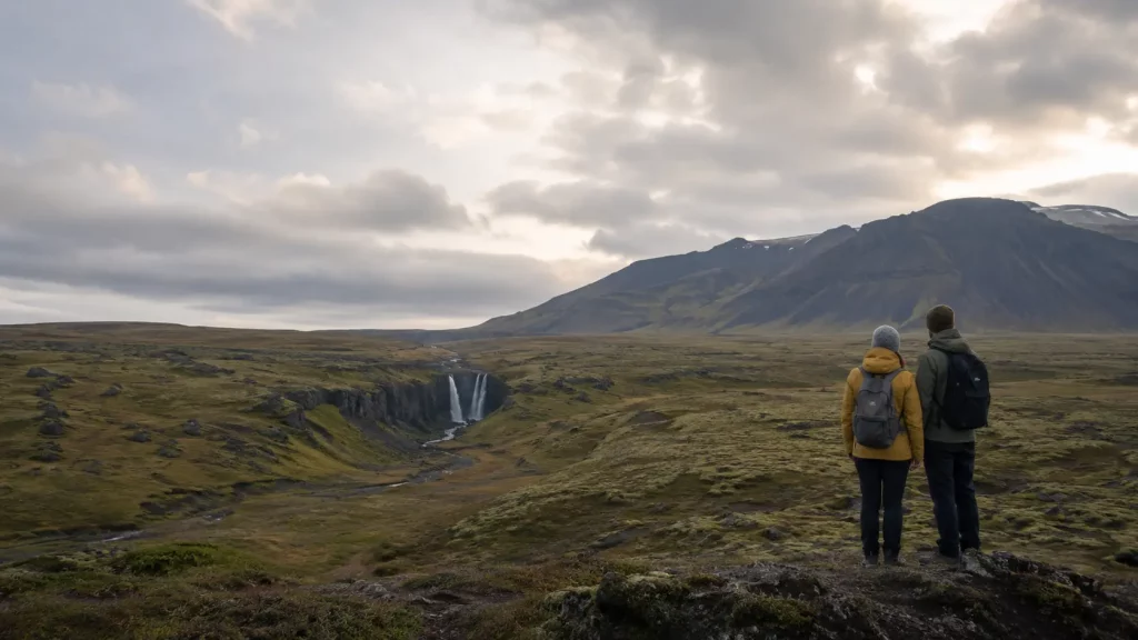 Zwei Reisende blicken im Herbst über eine weite isländische Landschaft mit Wasserfall