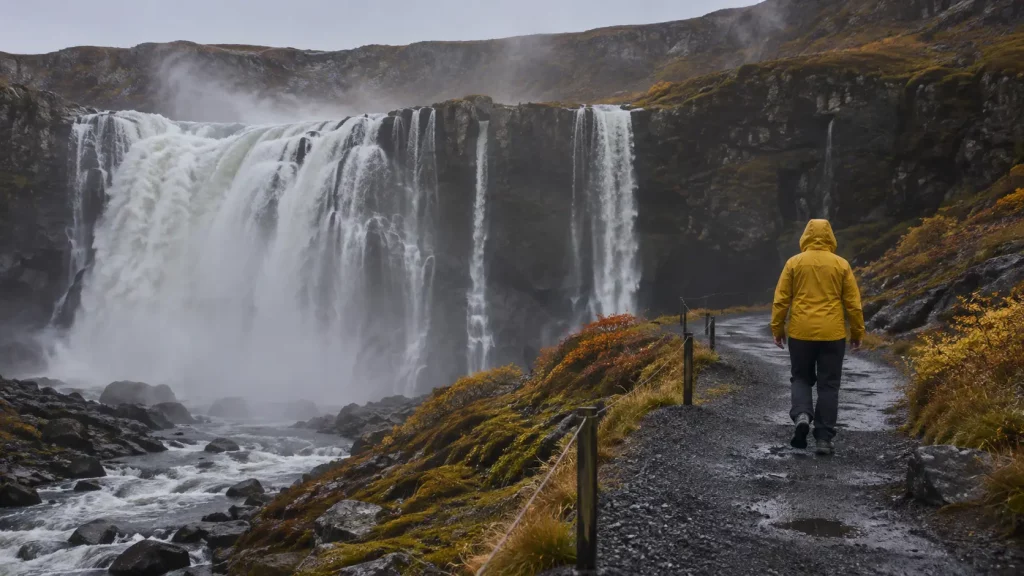 Reisender mit wasserdichter Kleidung auf einem sicheren Weg an einem Wasserfall in Island