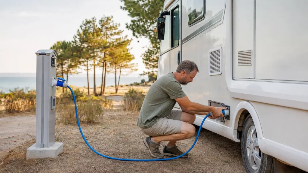 Camper verbindet ein Wohnmobil mit dem CEE-Landstromanschluss des Campingplatzes