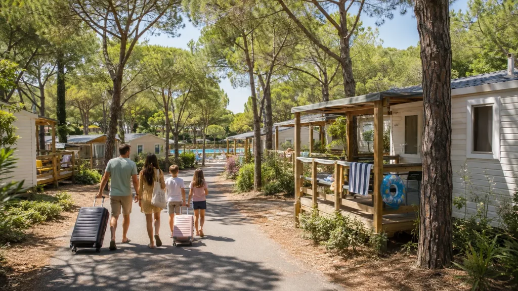 Familie kommt mit Gepäck an Mobilheimen auf einem Campingplatz an
