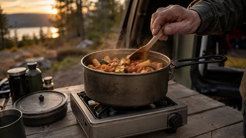 One-Pot-Pasta mit Tomaten und Zucchini auf einem Campingkocher