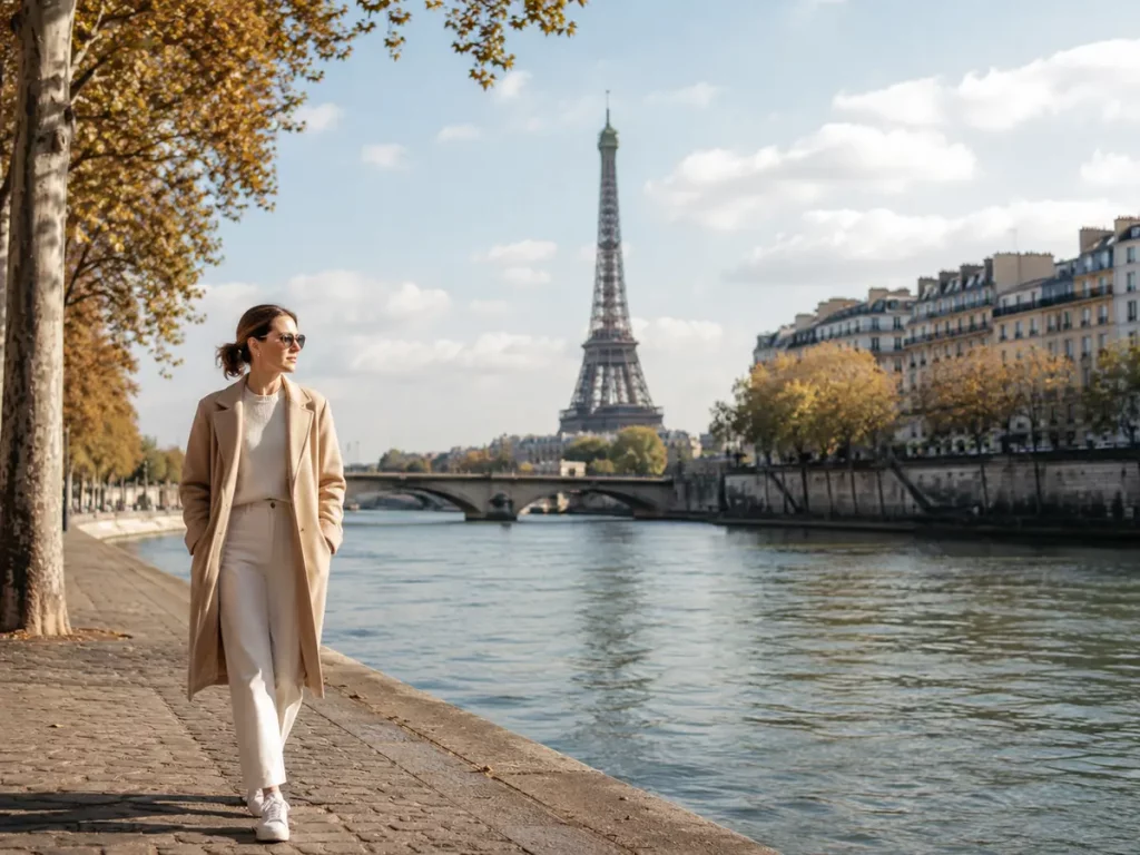 Reisende an der Seine mit Blick auf den Eiffelturm in Paris