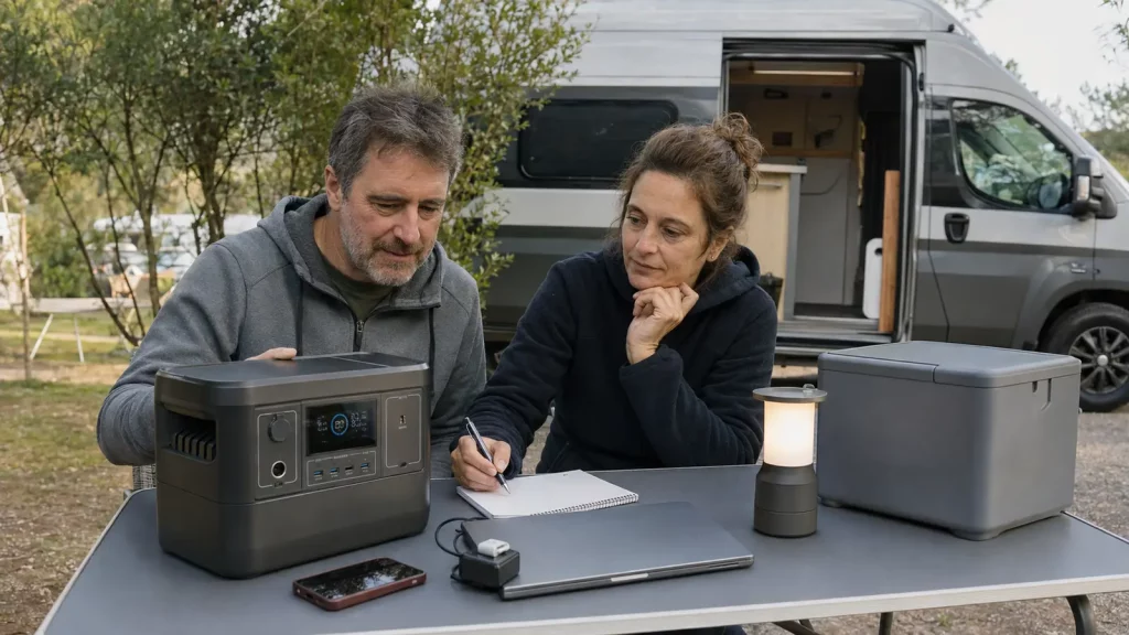 Paar berechnet am Camper den Strombedarf für die passende Powerstation