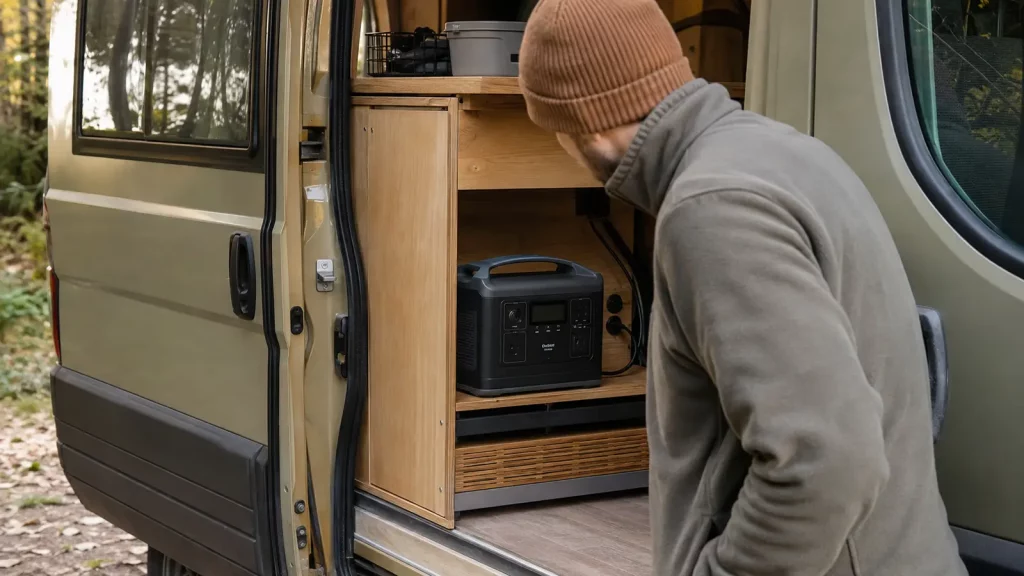 Powerstation steht trocken und gut belüftet im offenen Stauraum eines Campervans