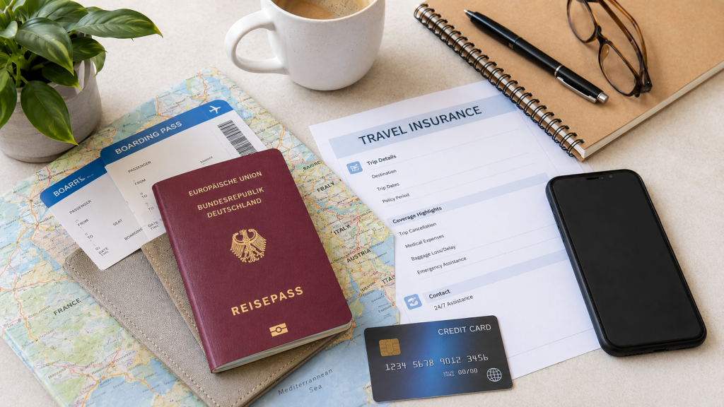 Reisepass, Unterlagen, Kreditkarte und Smartphone für Reisevorbereitung und Versicherung