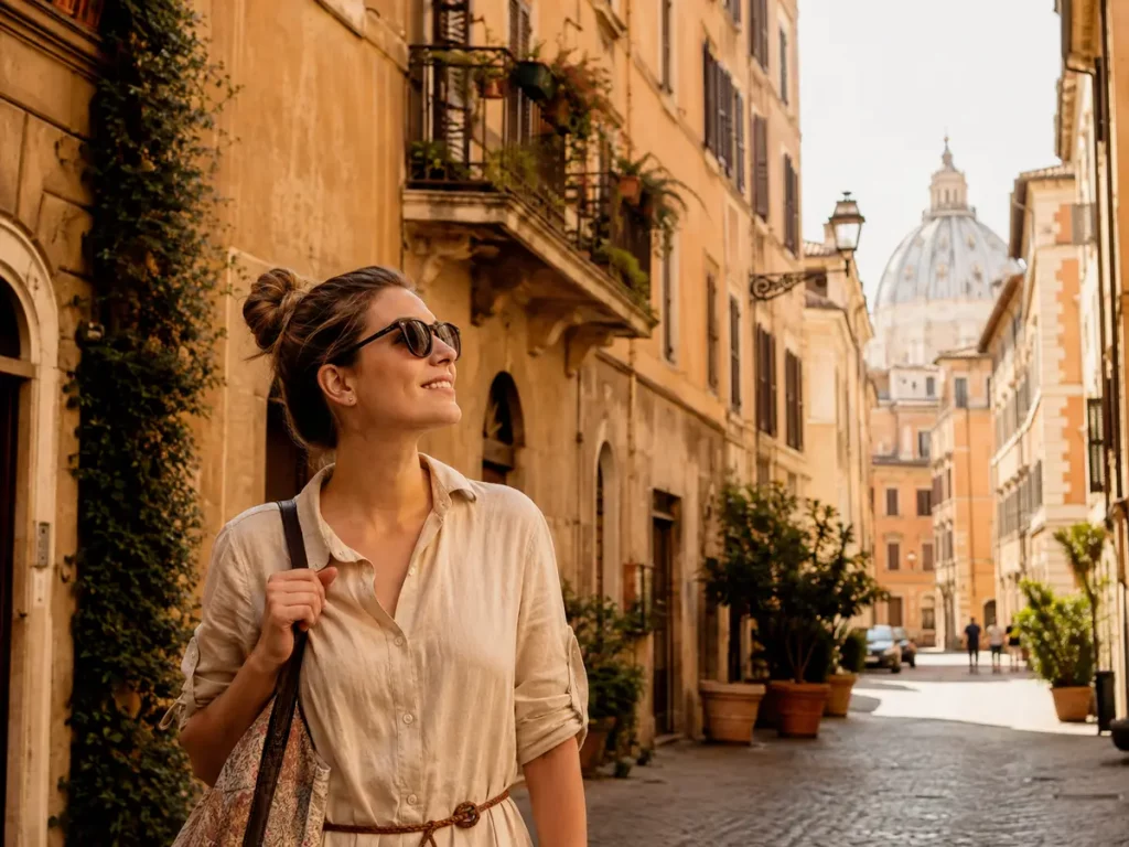 Reisende in einer historischen Gasse in Rom