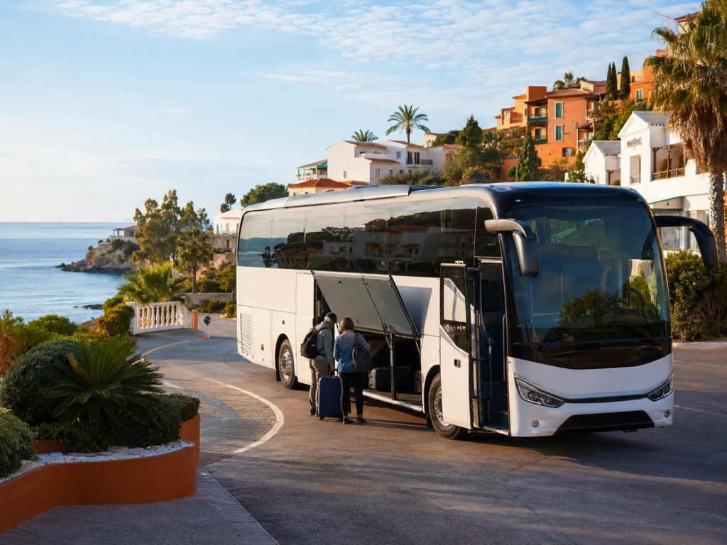Moderner Reisebus an der spanischen Mittelmeerküste