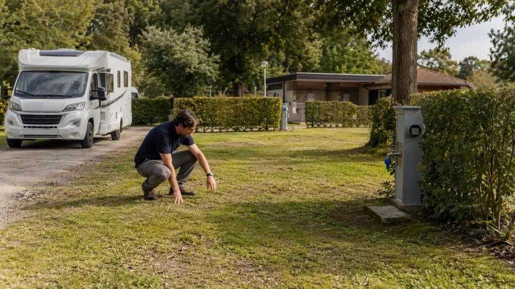 Camper prüft Untergrund und Stromanschluss eines freien Standplatzes