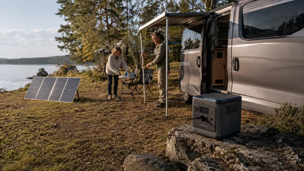 Powerstation und faltbares Solarpanel neben einem Camper am See