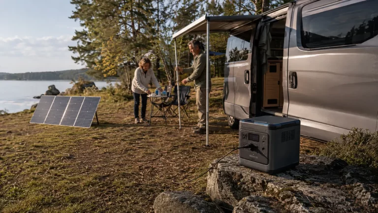Powerstation und faltbares Solarpanel neben einem Camper am See